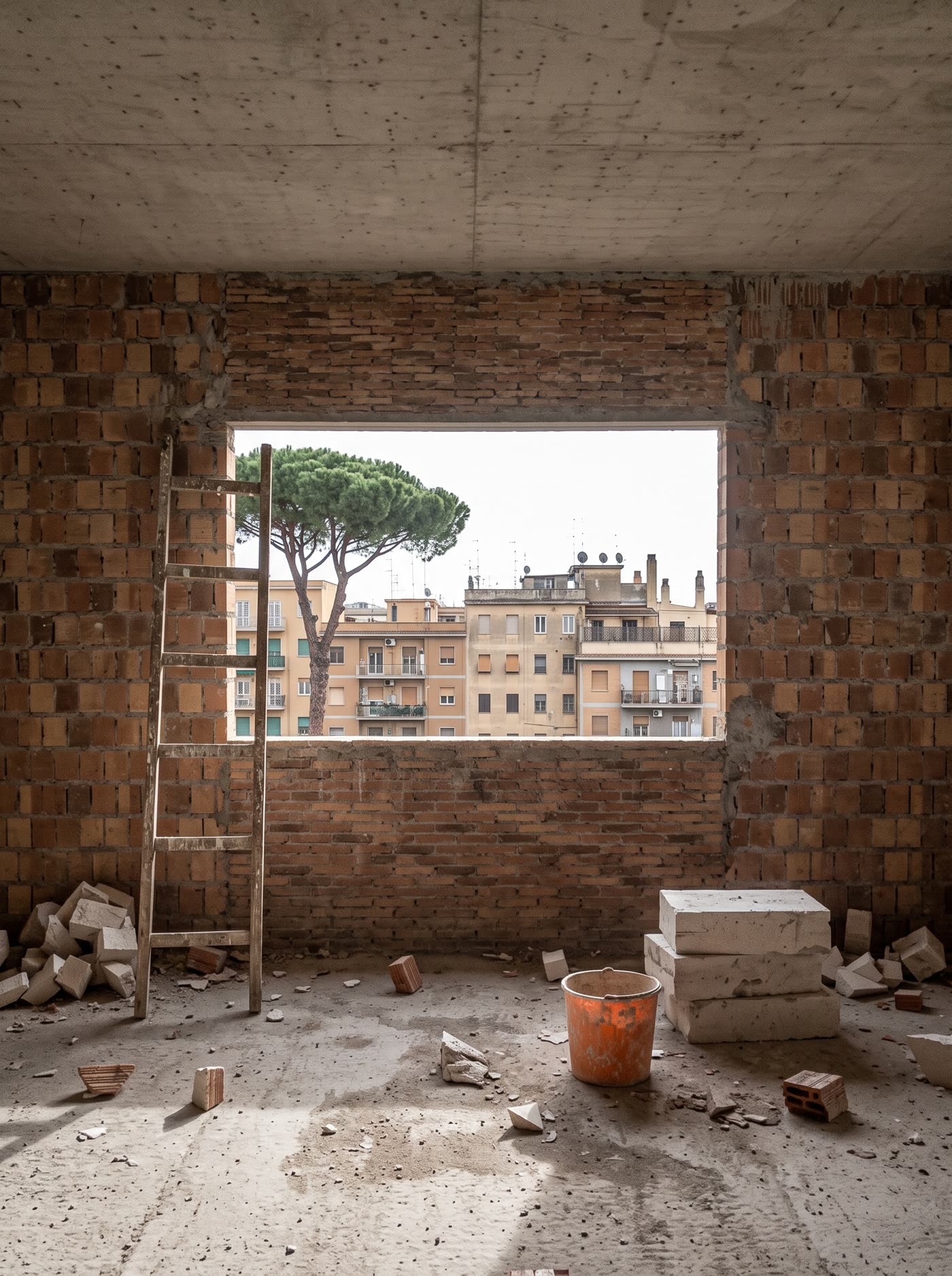 Il primo giorno di cantiere: muri in mattoni a vista, calcinacci, scala a pioli