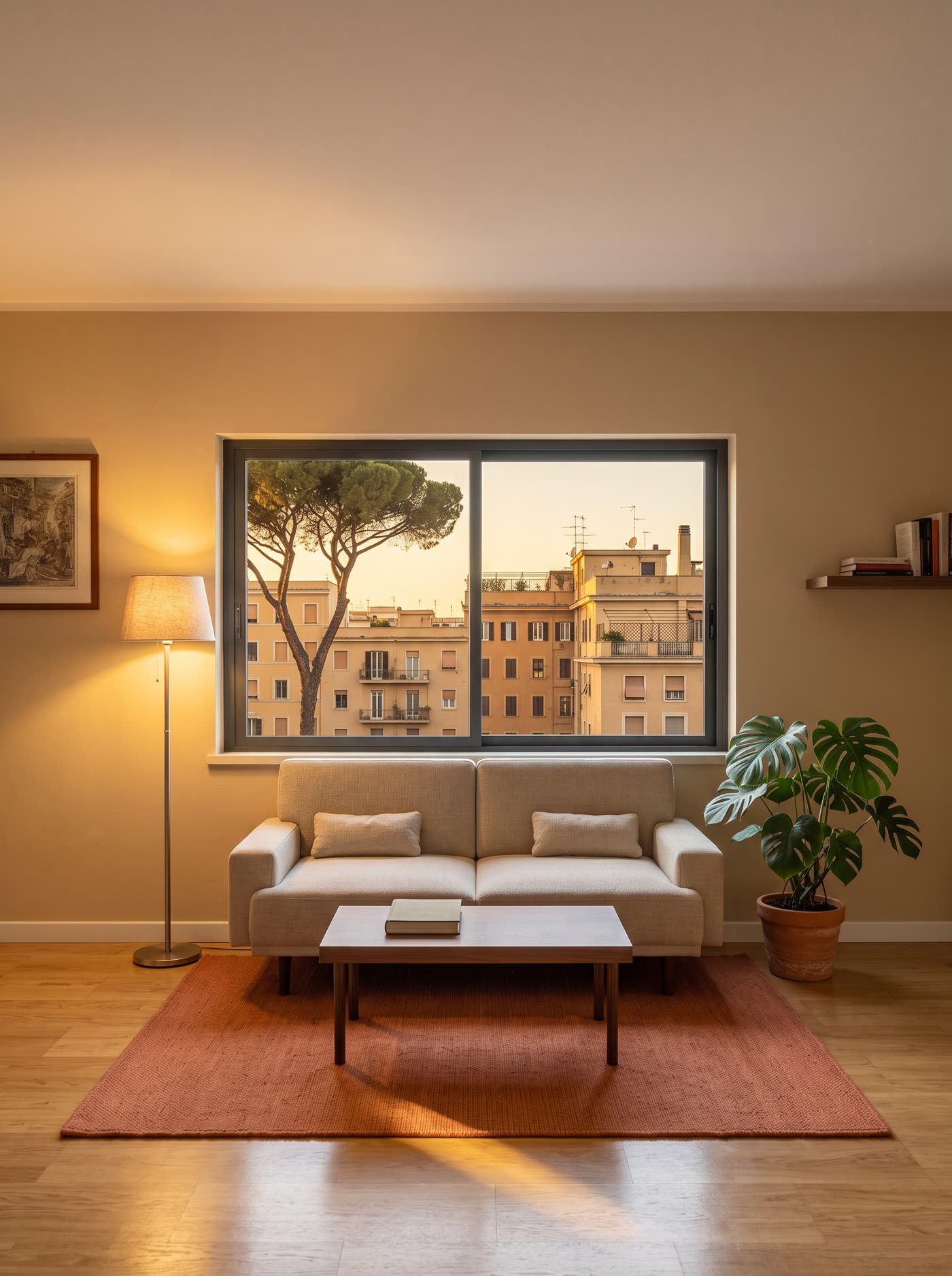Soggiorno consegnato: pareti tinteggiate, serramento a taglio termico, pavimento in parquet di rovere